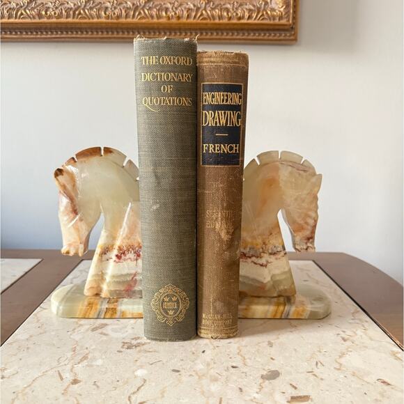 Vintage Horse Head Bookends Carved Onyx Marble Academia MCM Chess Knight PAIR - Picture 11 of 11